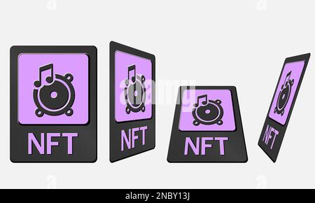 3D schede token NFT in grafica crittografica. Scheda NFT con musica in prospettiva, vista dall'alto in vista isometrica e frontale. Token non fungibile con informazioni Illustrazione Vettoriale