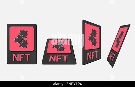3D schede token NFT in grafica crittografica. Scheda NFT con gioco in prospettiva, vista dall'alto in vista isometrica e frontale. Token non fungibile con informazioni f Illustrazione Vettoriale