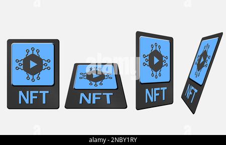 3D schede token NFT in grafica crittografica. Scheda NFT con video in prospettiva, vista dall'alto in vista isometrica e frontale. Token non fungibile con informazioni Illustrazione Vettoriale