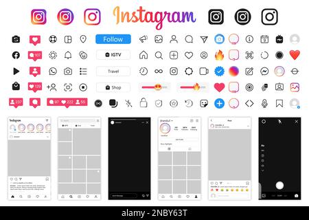 Icone dell'interfaccia dell'app Instagram social network e modello di schermata con cornice per smartphone Illustrazione Vettoriale