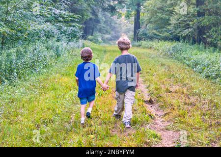 2 due giovani cugini del ragazzo camminano attraverso la foresta in un tardo pomeriggio d'estate con i più giovani che tengono la mano di quelli più vecchi Foto Stock