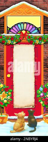Vecchio rotolo di carta con copyspace per inserire i congrati di Capodanno inchiodati ad una porta, decorati con fiori di Natale osservato da gatto seduto e cane sulla neve Foto Stock