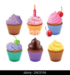 3d set di torte di compleanno, coppetta. Muffin dolci, cioccolato e dessert alla vaniglia, candele e ciliegia su panetteria, decorazioni caramelle carine. Prodotti gustosi per le feste. Oggetti di pasticceria isolati realistici vettoriali Illustrazione Vettoriale