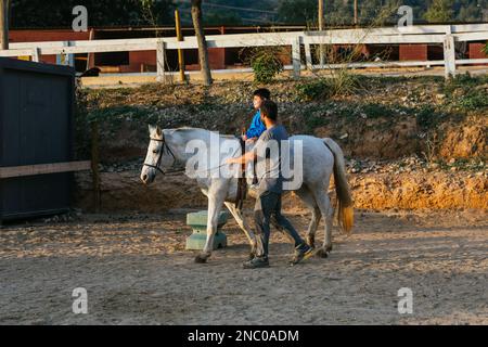 Bambini con disabilità che cavalcano un cavallo mentre hanno la terapia equestre in un centro equestre. Foto Stock