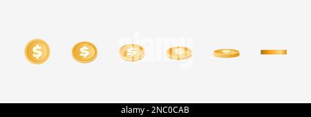 3d moneta d'oro, icona del denaro con simbolo del dollaro diverse angolazioni vista. Premio Casino, stack di denaro, round di volo in movimento, investimento finanziario o simbolo di gioco. Illustrazione vettoriale isolata su set bianco Illustrazione Vettoriale