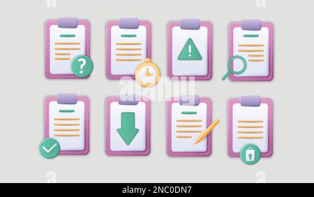 Icone Appunti documenti 3D. Fogli di rapporto. Errore di aggiornamento o aggiunta. Script di blocco del computer per l'aggiornamento. Pagine cartacee con simboli più o carica. Set di pittogrammi file isolati. Illustrazione realistica vettoriale Illustrazione Vettoriale