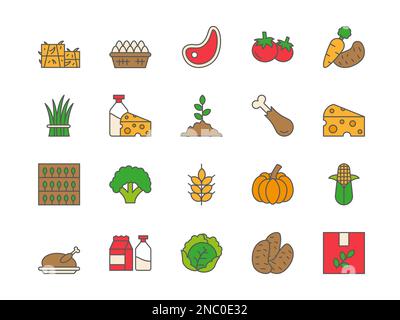 Mercato agricolo. Agricoltura icone di fattoria. Prodotti vegetali locali. Simboli dei colori della drogheria. Prodotti alimentari sani. Giardinaggio biologico. Scatola organica. Carne e formaggio. Segni di raccolto fresco. Set di logo Vector flat Illustrazione Vettoriale