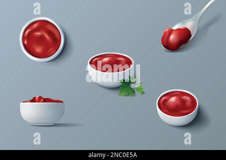 Recipiente per ketchup. Vista realistica della parte superiore e laterale della salsa di pomodoro. Condimento per pasta. Cucchiaio e piatto. Cibo biologico rosso barbecue. Ingrediente di cottura. Prodotto speziato. Set di ramekins per pasto completo isolato Vector 3D Illustrazione Vettoriale