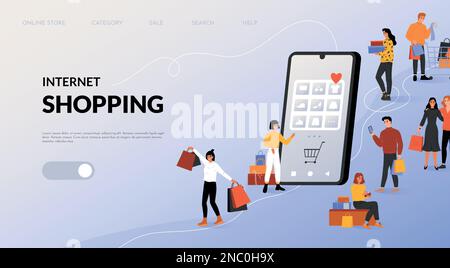 Atterraggio dello shopping online. App Internet per i clienti. Consumatore con borse da negozio. La gente felice compra l'abbigliamento. Commercio elettronico. Vendita mobile. Concetto di acquisto digitale. Modello di disegno di Web site del vettore Illustrazione Vettoriale