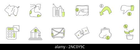 Icona crisi finanziaria impostata in stile linea. Piggy bank, impianto di denaro tagliato. Icona del portafoglio rotta per logo, Web, app, UI. Illustrazione Vettoriale