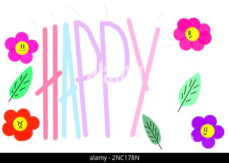 La parola felice in una cornice di fiori. Disegno dei bambini Foto Stock