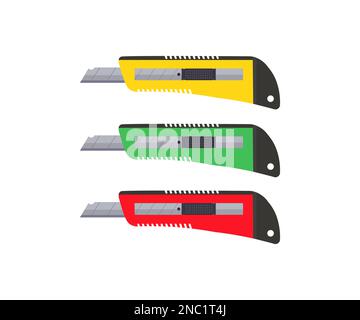 Coltello da cancelleria giallo, verde, rosso. Icona per il taglio della carta, taglierina per scatole, logo per forniture per ufficio. Il coltello per cancelleria isolato. Illustrazione Vettoriale