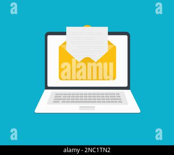 Laptop con busta e logo su schermo. E-mail, notifica icona e-mail. Messaggio di connessione di comunicazione. Nuovi sms in arrivo, chat. Illustrazione Vettoriale