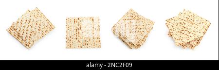 Impostato con Passtover matzos su sfondo bianco, vista dall'alto. Festa di Pesach Foto Stock