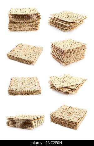 Impostato con Passtover matzos su sfondo bianco. Festa di Pesach Foto Stock