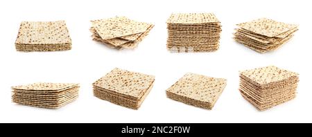 Set con Pasover matzos su sfondo bianco, banner design. Festa di Pesach Foto Stock