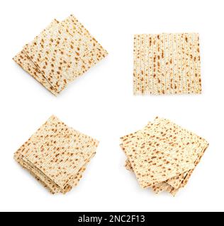 Impostato con Passtover matzos su sfondo bianco, vista dall'alto. Festa di Pesach Foto Stock