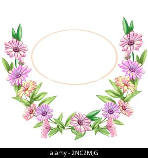 Illustrazione di una cornice fatta di fiori e foglie rosa. Illustrazione di alta qualità Foto Stock