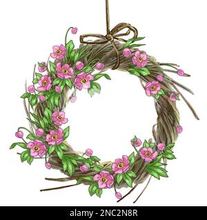 Illustrazione di una cornice fatta di fiori e foglie rosa. Illustrazione di alta qualità Foto Stock