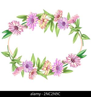 Illustrazione di una cornice fatta di fiori e foglie rosa. Illustrazione di alta qualità Foto Stock