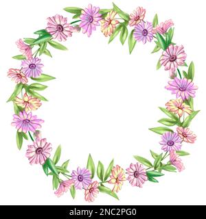 Illustrazione di una cornice fatta di fiori e foglie rosa. Illustrazione di alta qualità Foto Stock