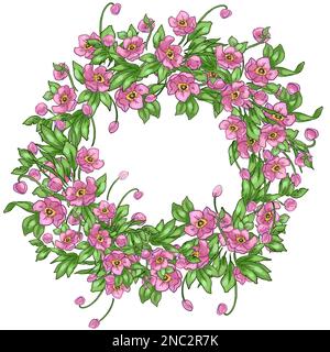 Illustrazione di una cornice fatta di fiori e foglie rosa. Illustrazione di alta qualità Foto Stock