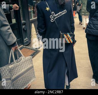 Donna alla moda turista a Midtown Manhattan a New York Domenica, 5 febbraio 2023 con borsa marchiata Louis Vuitton. (© Richard B. Levine) Foto Stock