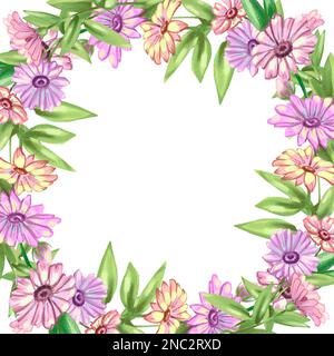 Illustrazione di una cornice fatta di fiori e foglie rosa. Illustrazione di alta qualità Foto Stock