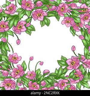Illustrazione di una cornice fatta di fiori e foglie rosa. Illustrazione di alta qualità Foto Stock