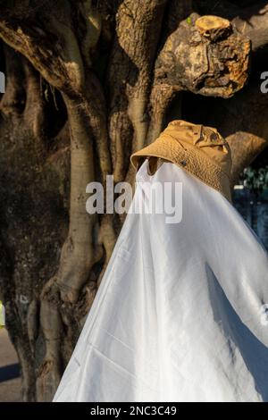Un fantasma bianco con occhi neri, fatto da un lenzuolo. Foto Stock