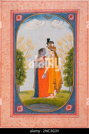 Krishna e Radha, artista sconosciuto, acquerello opaco e oro su carta, 1800-25 Foto Stock