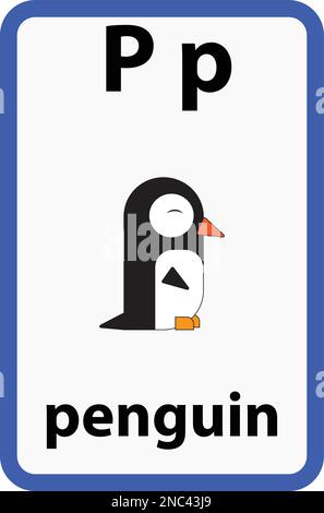 Scheda alfabetica per bambini con la lettera p del pinguino Illustrazione Vettoriale