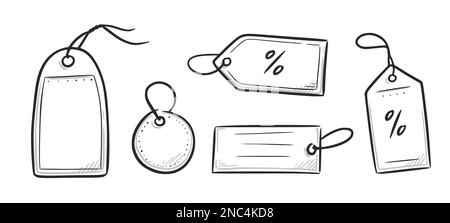 Prezzo tag, etichetta regalo Doodle set di elementi. Prezzo tag nastro, etichetta sconto disegno a mano schizzo doodle stile. Vendita, presente offerta elemento telaio. Illustrazione vettoriale. Illustrazione Vettoriale