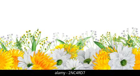 Banner watercolor disegnato a mano senza cuciture con fiori e foglie di crisantemo bianco e giallo. Una piccola parte del set DI FIORI Big Foto Stock