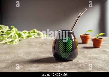 tazza di yerba mate in ceramica piuttosto lucente, con cannuccia di metallo su un banco in cemento con piccole pentole in terracotta e pianta di viti pothos Foto Stock