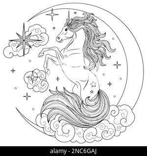 Una bella unicorno su una mezzaluna lunare. Illustrazione vettoriale. Illustrazione Vettoriale