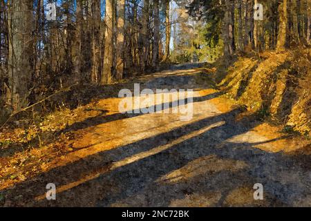 Bella pittura ad olio originale su tela di una foresta Foto Stock