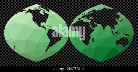 Mappa del Poly World bassa. Proiezione autore quartic interrotta. Mappa poligonale del mondo su sfondo trasparente. Globo geometrico a forma di stencil. Illustrazione Vettoriale