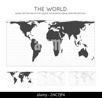 Mappa del mondo. Proiezione cilindrica ad area uguale. Globo con linee di latitudine e longitudine. Mappa mondiale su meridiani e paralleli sfondo. Vettore Illustrazione Vettoriale