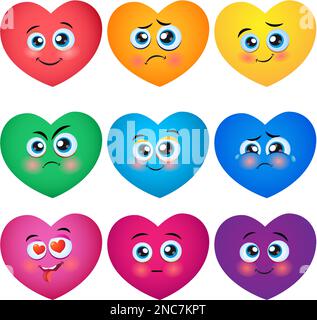 Divertenti cuori sorridenti colorati. Carini personaggi Cartoon. Bright Vector Set di icone cardiache. Cuori creativi disegnati a mano con emozioni diverse. Vettore ill Illustrazione Vettoriale