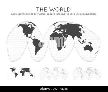 Mappa del mondo. La proiezione dell'omolosina interrotta di Goode. Globo con linee di latitudine e longitudine. Mappa mondiale su meridiani e paralleli sfondo. Illustrazione Vettoriale