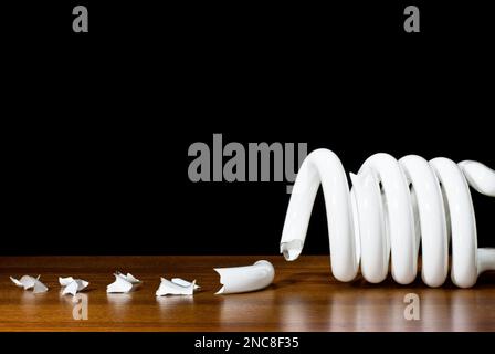 Una lampadina CFL fluorescente compatta rotta si è frantumata in frammenti di vetro Foto Stock