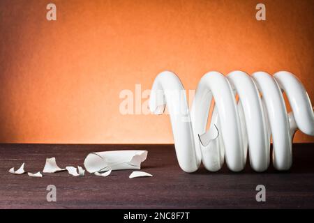 Una lampadina CFL fluorescente compatta rotta si è frantumata in frammenti di vetro Foto Stock