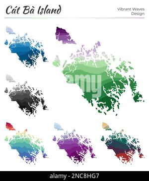 Set di mappe vettoriali di Cat Ba Island. Design dalle onde vibranti. Mappa luminosa in stile geometrico con curve uniformi. Illustrazione Vettoriale