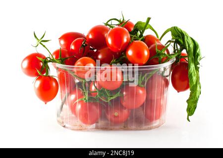 Grappoli di pomodori con rami in imballaggi di plastica su fondo bianco Foto Stock