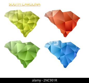 Insieme di mappe poligonali vettoriali della Carolina del Sud. Mappa a gradiente luminoso dello stato degli Stati Uniti in stile poly basso. Illustrazione Vettoriale