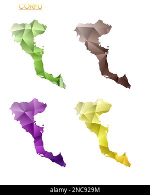 Serie di mappe poligonali vettoriali di Corfù. Mappa a gradiente luminoso dell'isola in basso stile poly. Mappa di Corfù multicolore in stile geometrico per la tua infografica Illustrazione Vettoriale