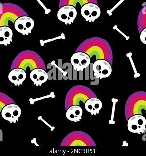 Modello di Halloween senza cuciture con teschi, arcobaleni e ossa. Carta scrapbooking digitale spettrale su sfondo nero. Illustrazione Vettoriale
