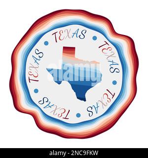 Distintivo del Texas. Mappa dello stato degli Stati Uniti con splendide onde geometriche e vibranti cornici rosse e blu. Logo Texas rotondo brillante. Illustrazione vettoriale. Illustrazione Vettoriale