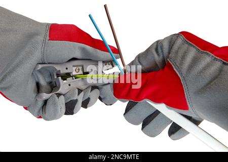 L'elettricista rimuove l'isolamento da un filo di rame a tre conduttori con una taglierina spelafili Foto Stock